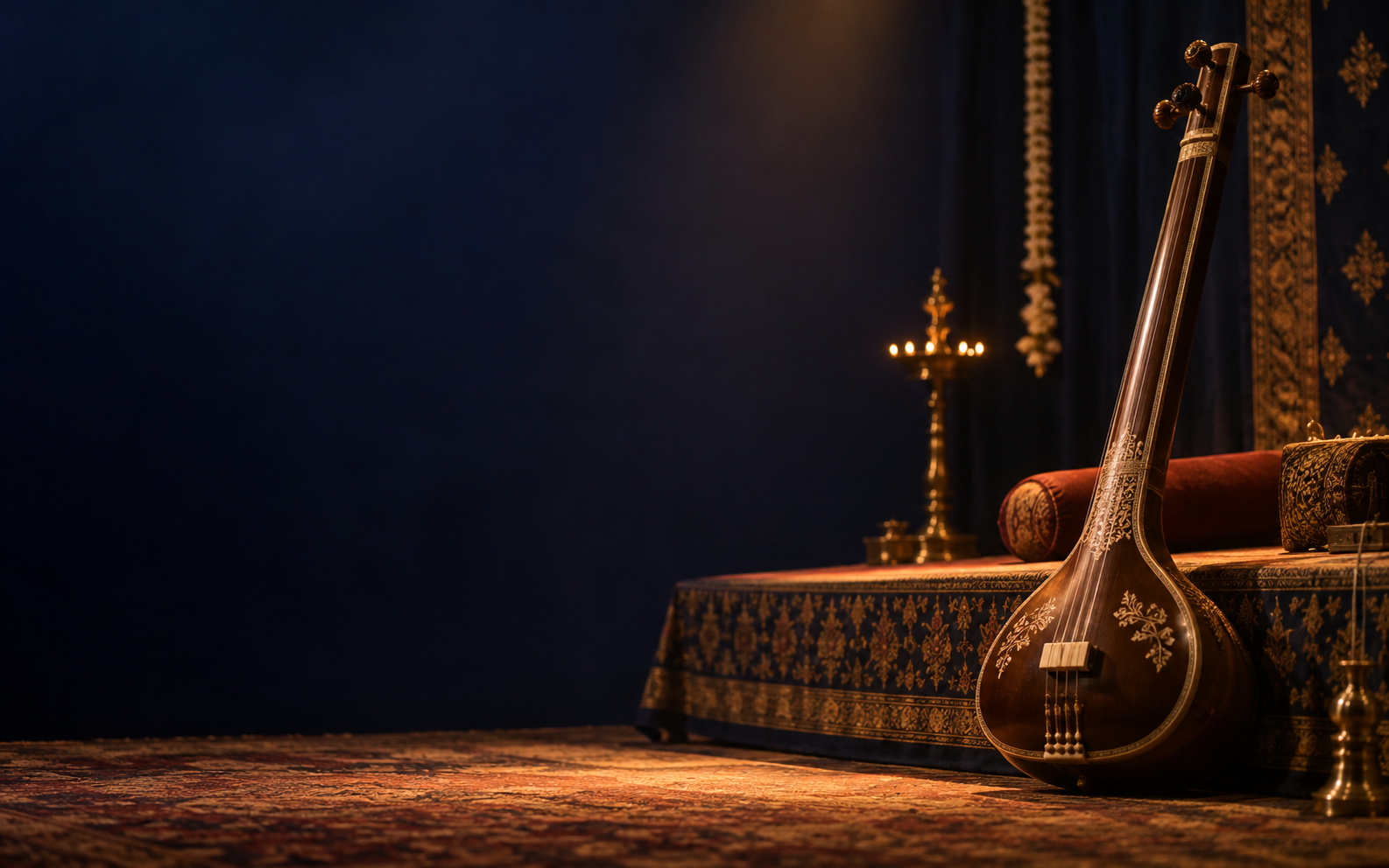 A tanpura on a warmly lit Indian classical concert stage